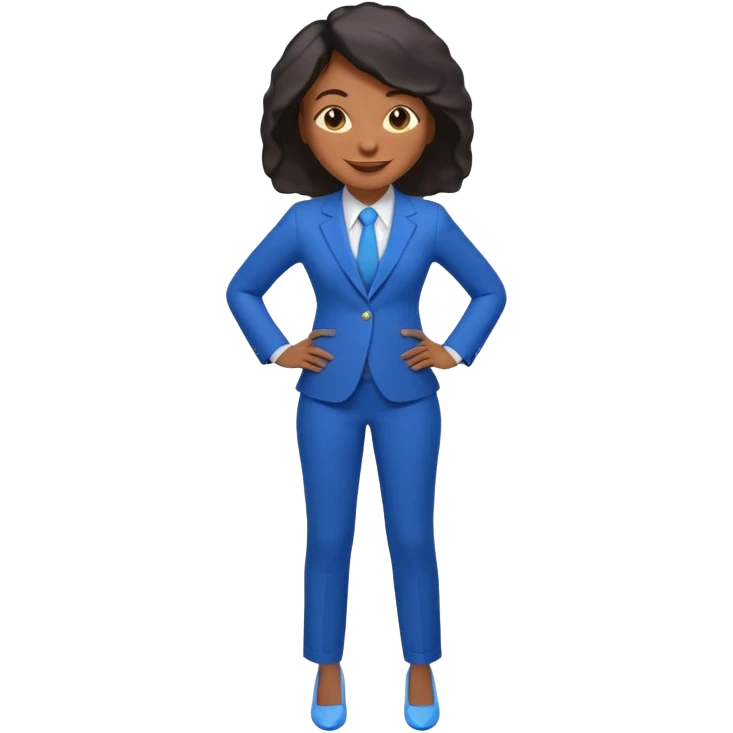 black woman in a blue smart suit and shoes, smiling, hands on hips, emoji style emoji