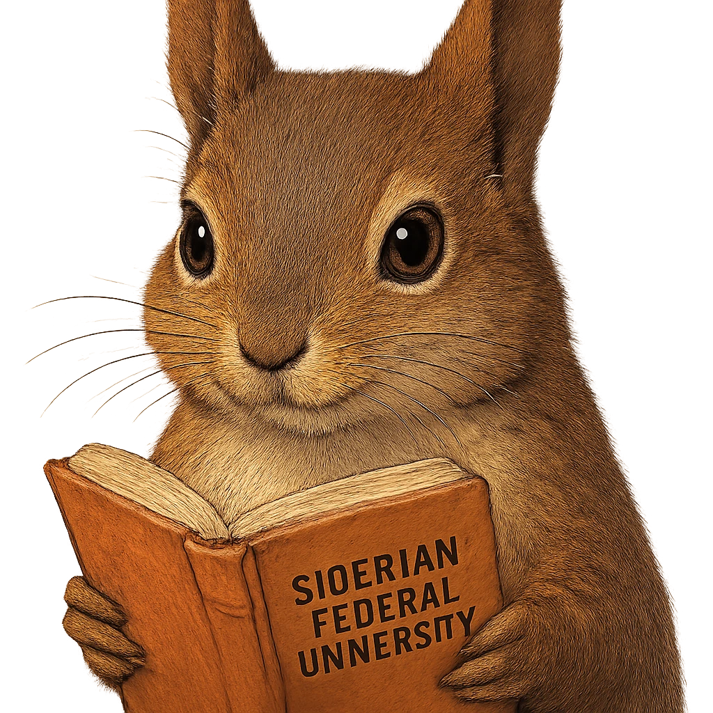 A cute brown squirrel with an orange book, studying at Siberian Federal University, close-up of the face, detailed fur, intelligent and beautiful emoji