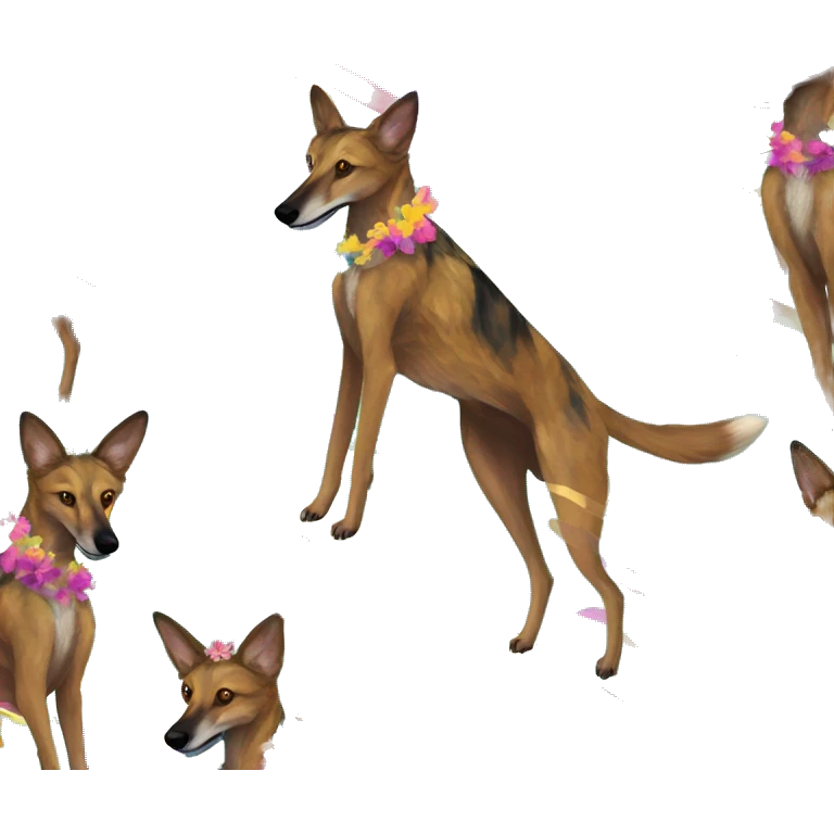  brindle brown black maroon striped lurcher Alsatian fox running blue eyes and iridescent holographic oilslick harness wearing paper iridescent tropical flower crown yellow caution tape emoji