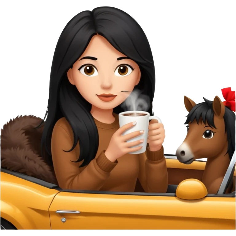 anned Girl with lashes , bright black long hair, in an extremely big fluffy brown mustang, and drinking hot chocolate drink emoji