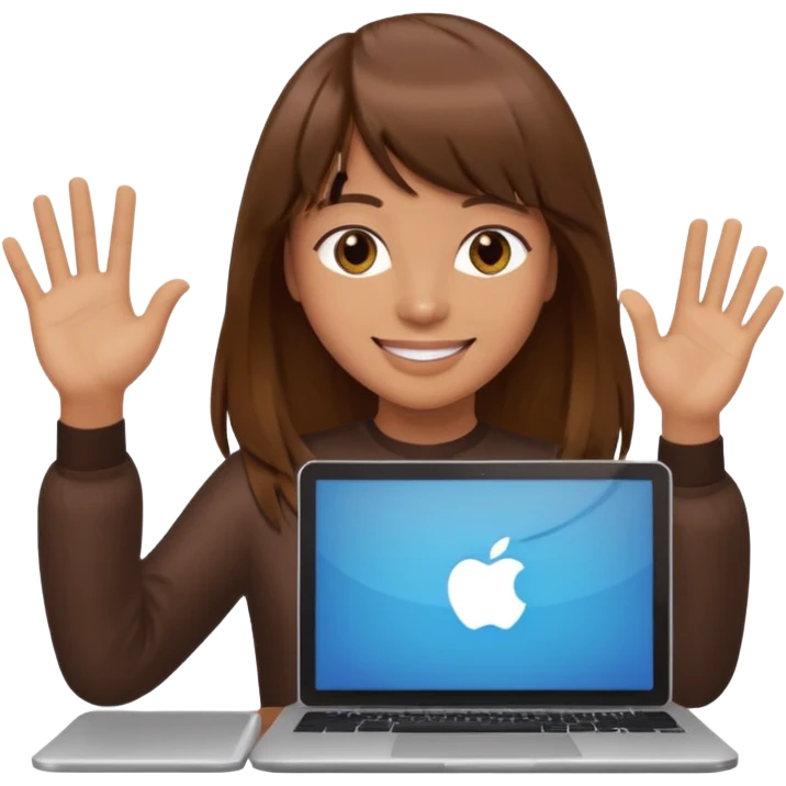 a designer with tan skin long brown hair bangs waving with computer emoji
