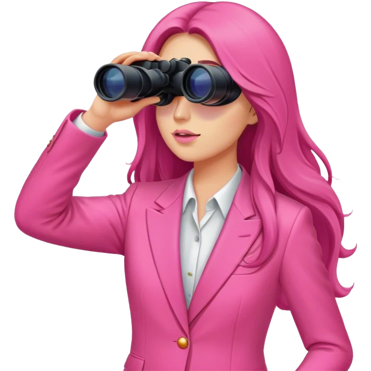 woman with long hair in an intensive color pink suit looking through binoculars emoji