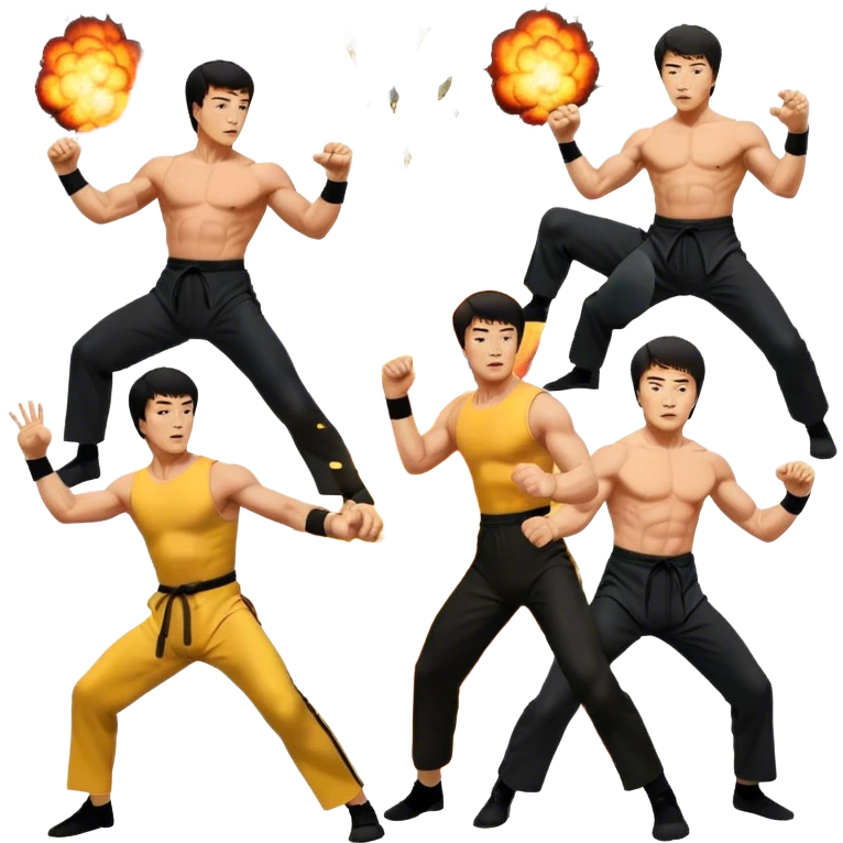 Icon for Action Movies: Collage of Arnold Schwarzenegger, Sylvester Stallone, Bruce Lee, and Jackie Chan in iconic action poses, surrounded by explosions, weapons, and martial arts moves. The design should capture the high-energy, dynamic nature of their films. Transparent background. emoji