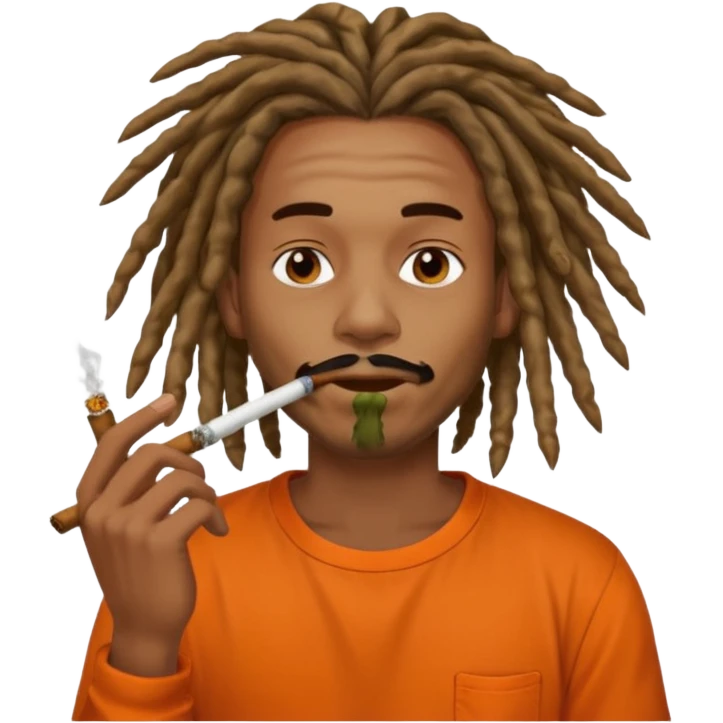 Brownskin man with long dreadlocks orange shirt smoking weed blunt in mouth emoji