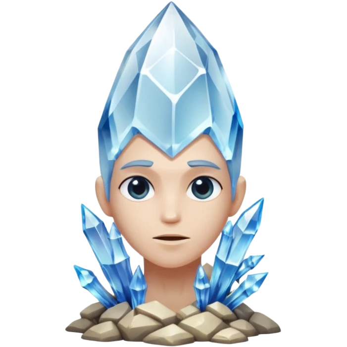 A single crystal rock character inspired by a clear quartz cluster, amorph base with many tall transparent crystal spikes growing upward all around it with a face emoji