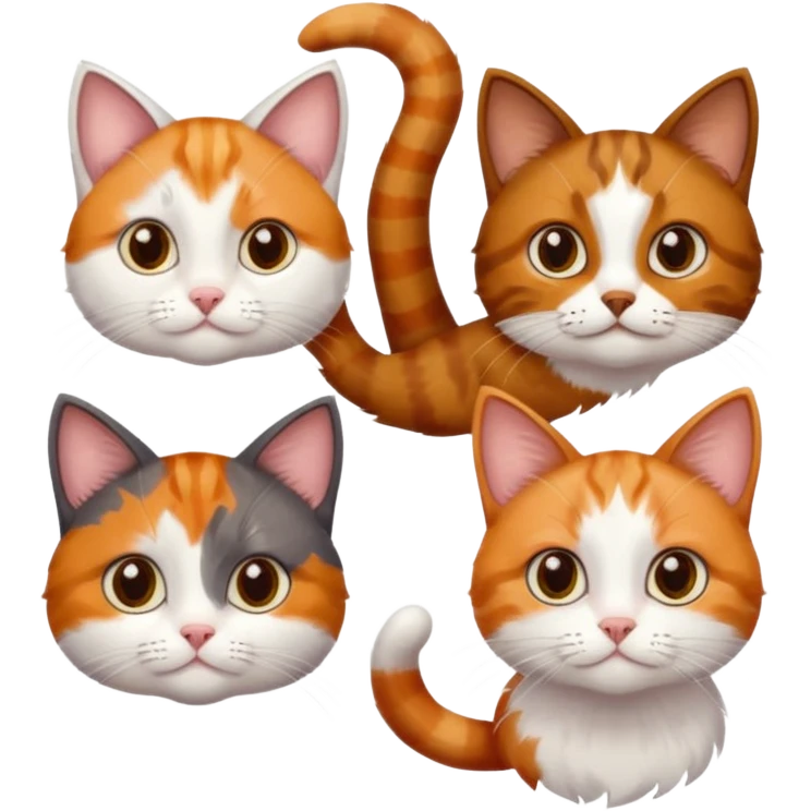 3 different coloured small cats including a dark brown tabby and white, and a patchy calico, and a ginger and white emoji
