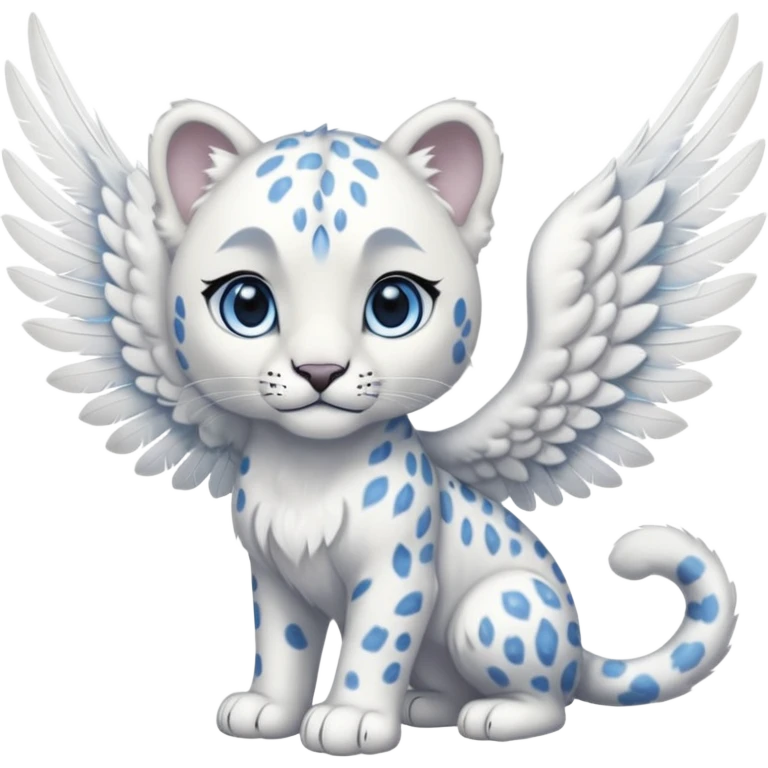 White shiny albino snow leopard with blue eyes and white feather-wings, angelic, divine, beautiful, elegant, sophisticated, royal, pretty  emoji