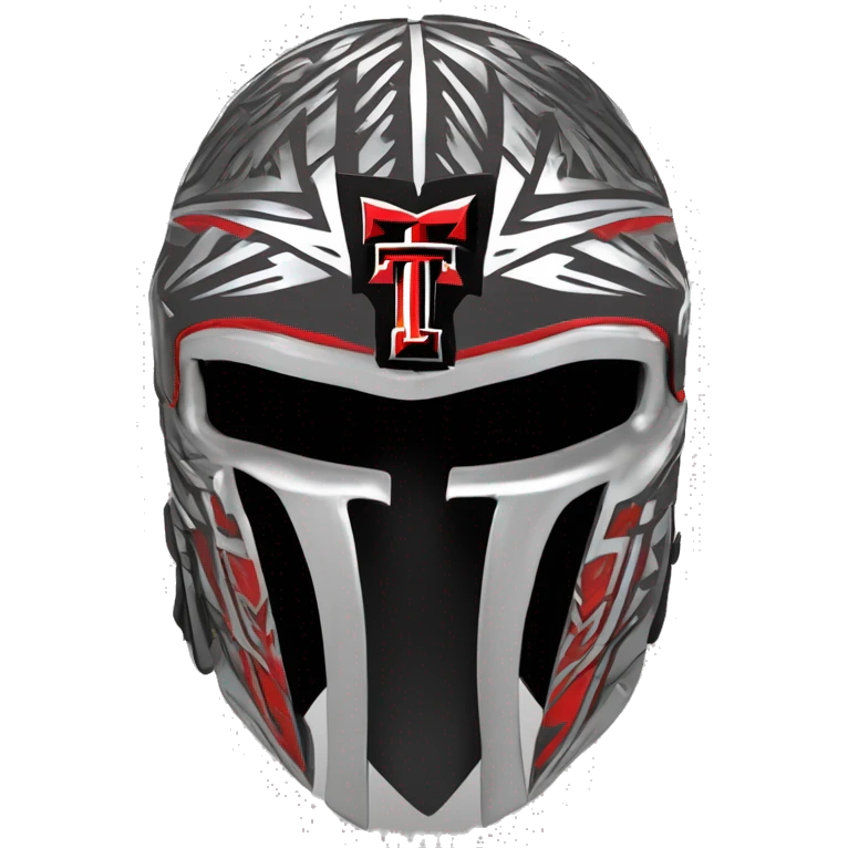 Texas-tech-red-raiders tribal artwork covered  T logos in gunmetal on battle helmet  huge punk Mohawk viking multi  color Logo T in hint of shiny silver 3d emoji