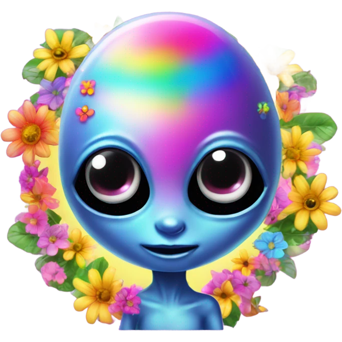 Lisa frank rainbow alien with big oval head and big black eyes with flowers emoji