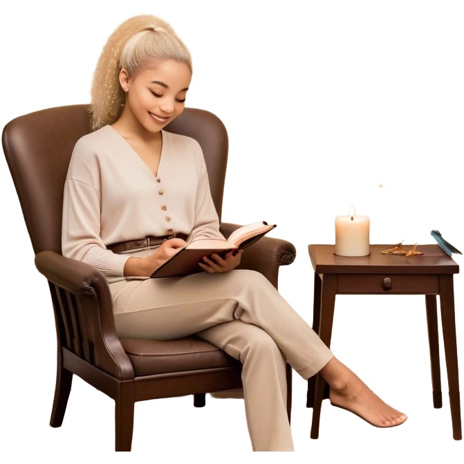 A person sits mindfully in a chair, a gratitude journal nearby, and a phone turned off. A bird chirps outside, a scented candle burns, and a small hidden gift bag peeks from under the table. A framed quote says, "Be Kind to Yourself," while they share a smile with someone. emoji