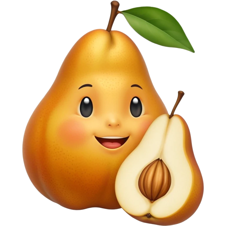 small golden-orange fruit with smooth slightly matte skin, rounded pear-like shape, shown whole and halved revealing juicy pale flesh with two to three glossy brown seeds inside, slight surface dimples suggesting ripeness, no leaves or extras, soft lighting, subtle shadows, emoji scale emoji