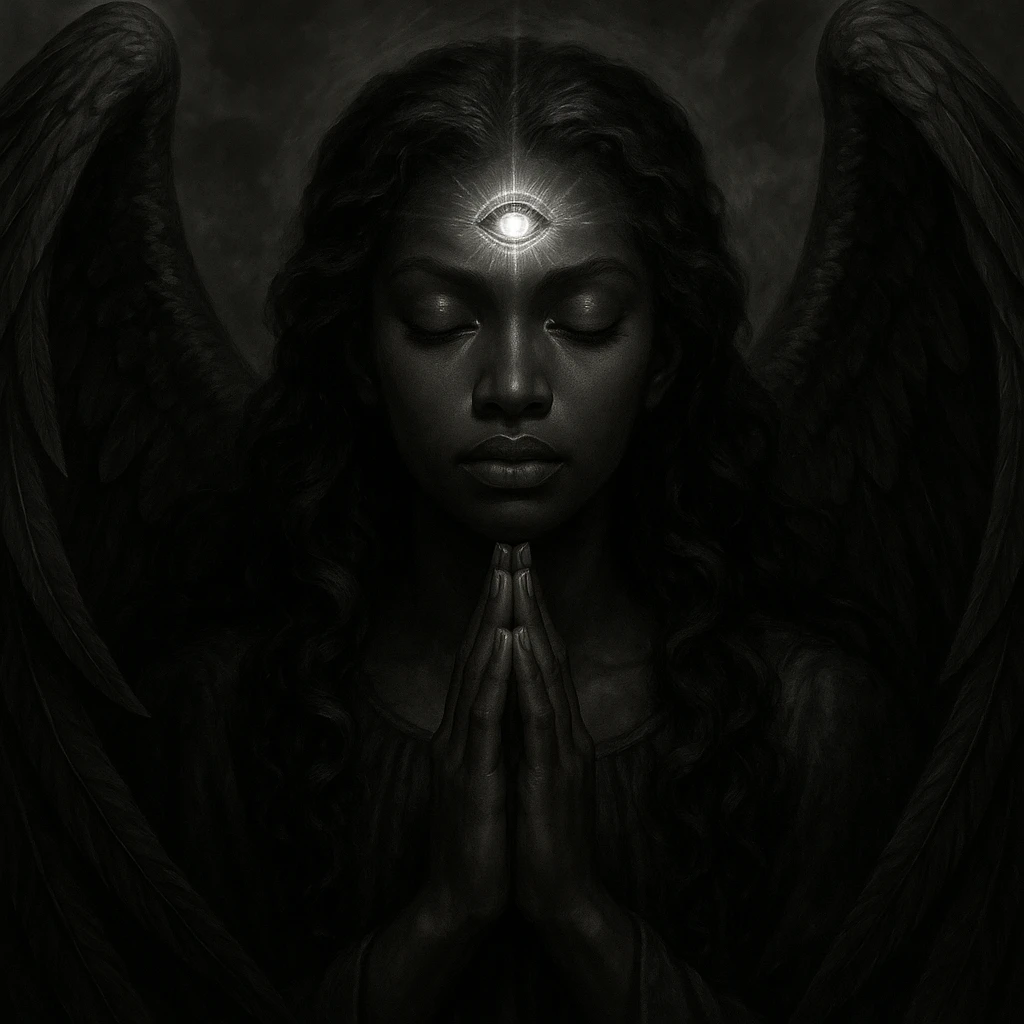a majestic black angel, eyes closed in prayer, third eye on forehead pulsing with energy emoji