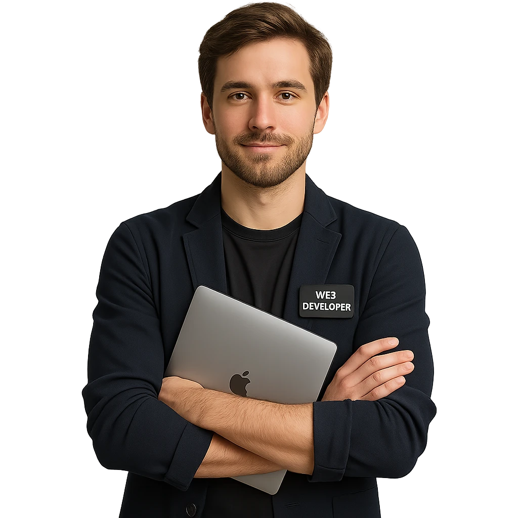 web developer, brown hair, folded arms, holding a MacBook, relaxed and professional, modern tech style emoji