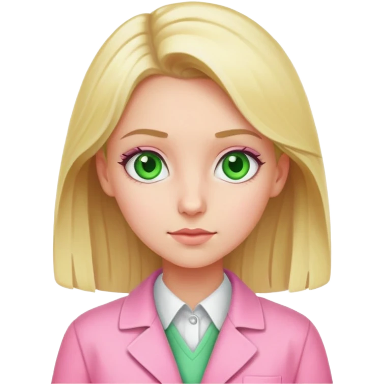 blonde girl with green-grey eyes, dressed in pink clothes, chemist emoji