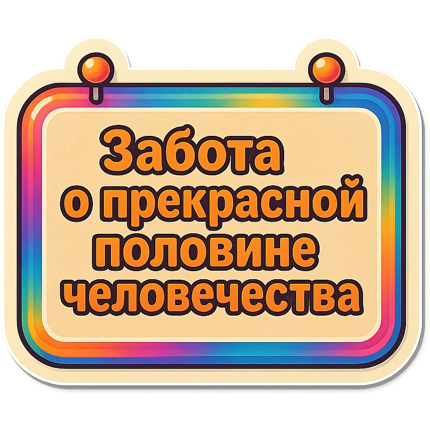 flat rectangular beige sign with light shadow, two nails at the top, retro sticker style, text 'Забота о прекрасной половине человечества' in three compact and readable lines emoji