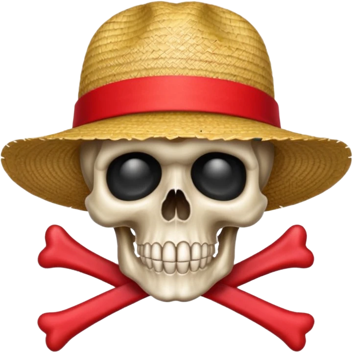 Skull and crossbones wearing a straw hat with the ribbon being red emoji