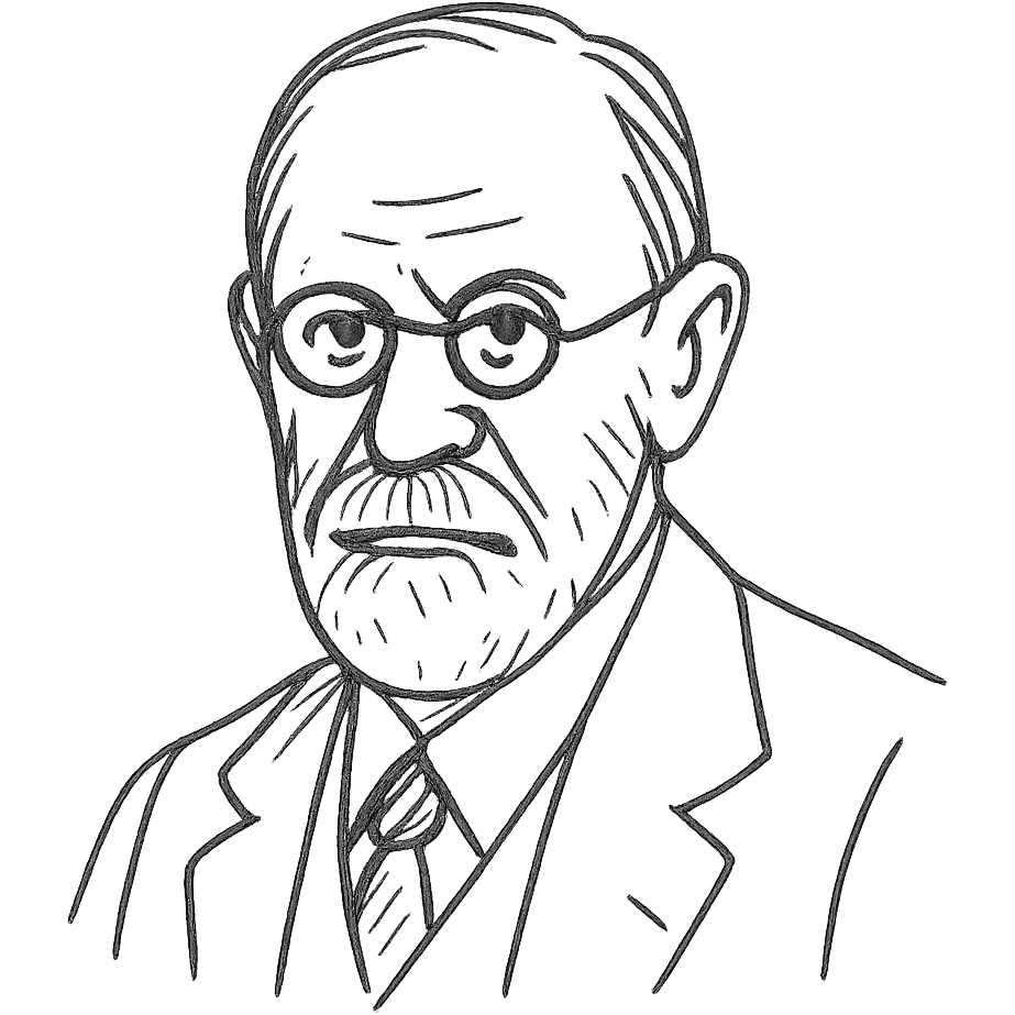 a hand drawn black outline portrait of Sigmund Freud with similar-sized eyes based a famous portrait of him emoji