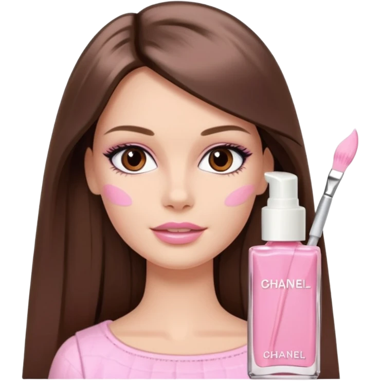 Barbie girl a brown long Straight hair and brown eyes is In pale pink smears by hand cosmetic cream Chanel on her face emoji