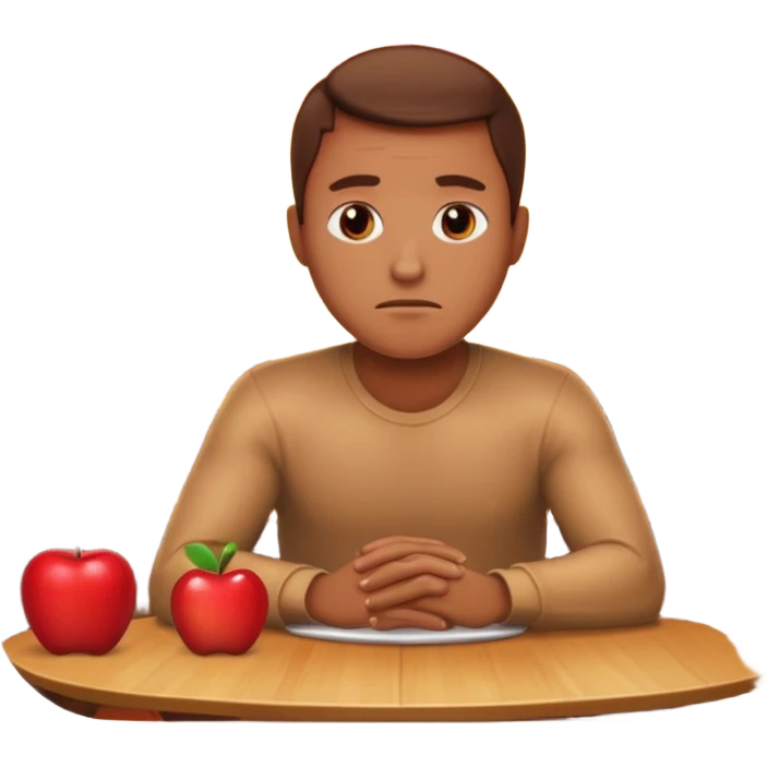 a man sits sadly at a table with a burning house behind him, apple style emoji emoji