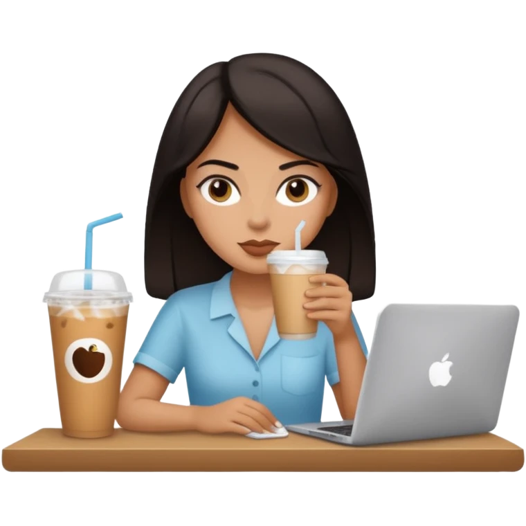 컴퓨터 작업 중 + 아이스 아메리카노(테이크아웃 잔)링거 + 다크서클 + 검은머리 여성 emoji