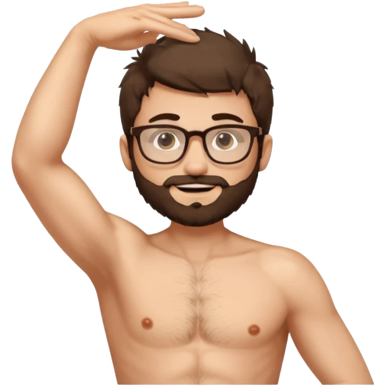 iOS emoji-style cartoon, light stubble, glasses, wide eyes, neutral skin tone, shirtless , very hairy chest , one arm up very hairy armpit emoji