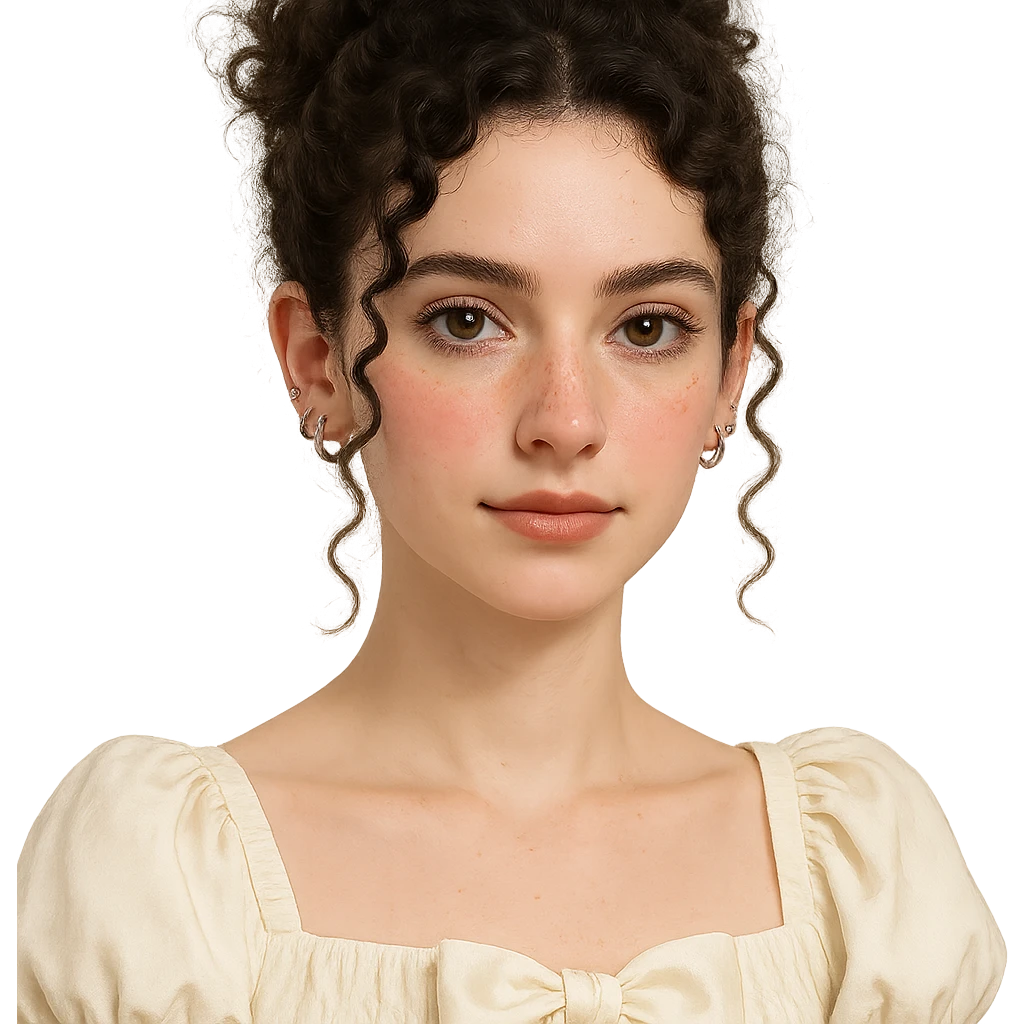 Portrait of a cute white-skinned girl with a V-shaped face and slim build, dark brown curly hair up to shoulder blades styled in a messy bun with two curly strands and a mini curl in front of each ear. Large almond-shaped brown eyes with a neutral to positive gaze, very long lashes, subtle straight brown eyeliner, brown waterline. Medium Greek nose, straight and slightly thick brown eyebrows, medium lips with light brown lipstick. Noticeable cute pink blush, few freckles on cheeks and nose, wearing coquette style clothing. Piercings: 1, 2, 3 lobes, helix and tragus on each ear. Neutral background. emoji