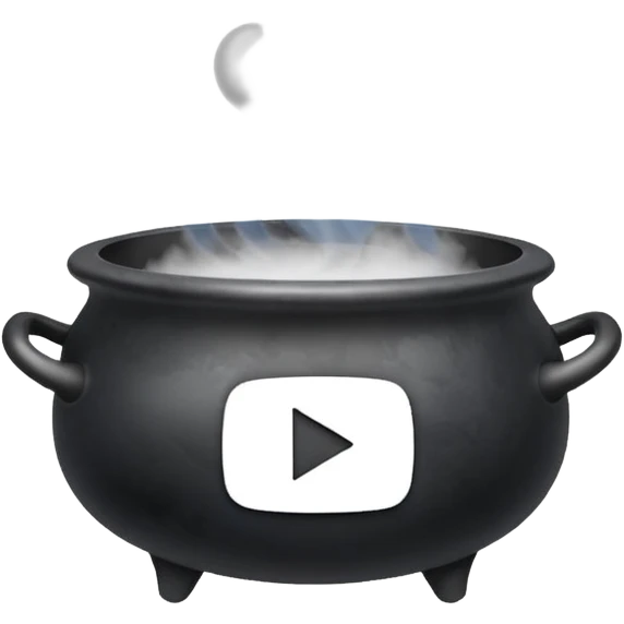 A black cauldron with lot of smoke rising, and the white YouTube play button logo floating above the smoke emoji