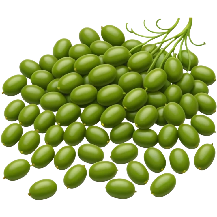 mung beans, cluster or scatter, whole, smooth oval, glossy, vibrant green, color variation, fresh, uncooked, firm, no sprouting, no bowl, no packaging, no faces, clean 3D, soft shadows, transparent background, emoji scale emoji