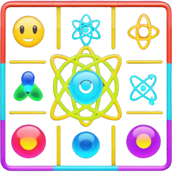 Generate 8 unique emoji-style icons representing chemical element tiles, atomic symbols, colorful science grid blocks, and laboratory chemistry themes. emoji