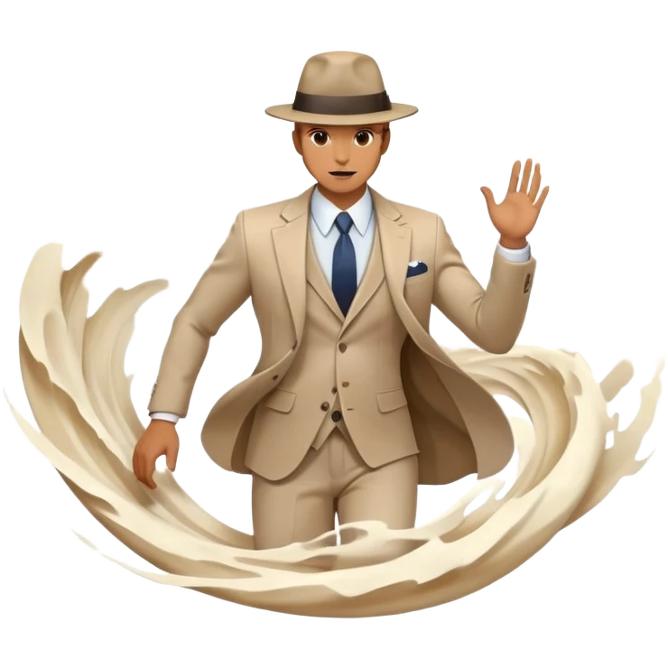 Ethereal male silhouette with suit jacket and hat, surrounded by flowing energy waves and subtle style elements, masculine fashion inspiration emoji