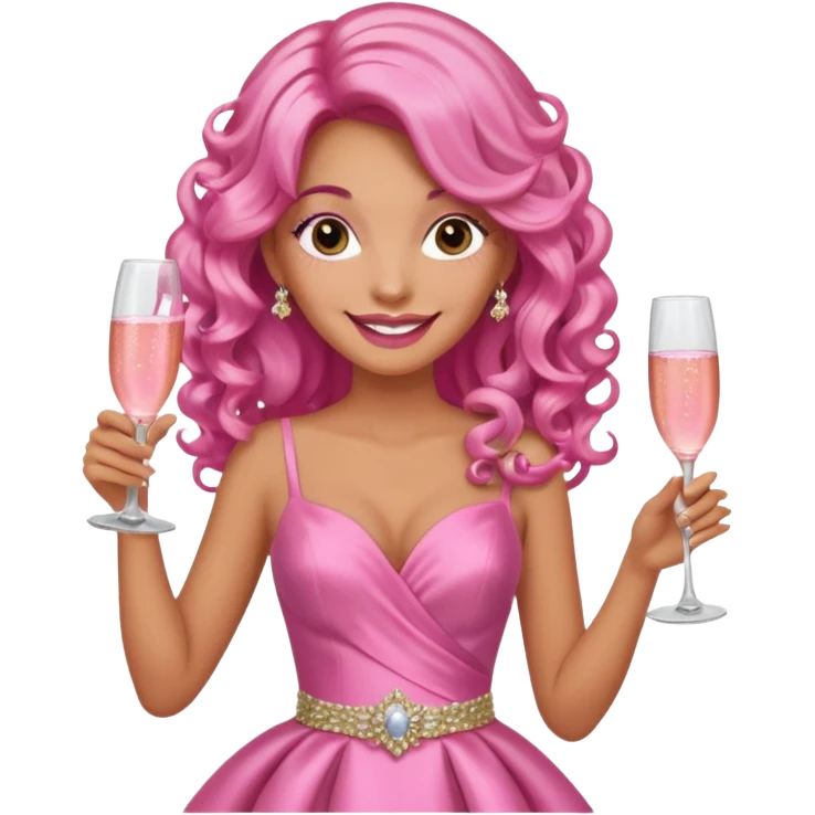 One lady with long pink curled hair and tan skin holding a glass of  pink champagne in each hand emoji