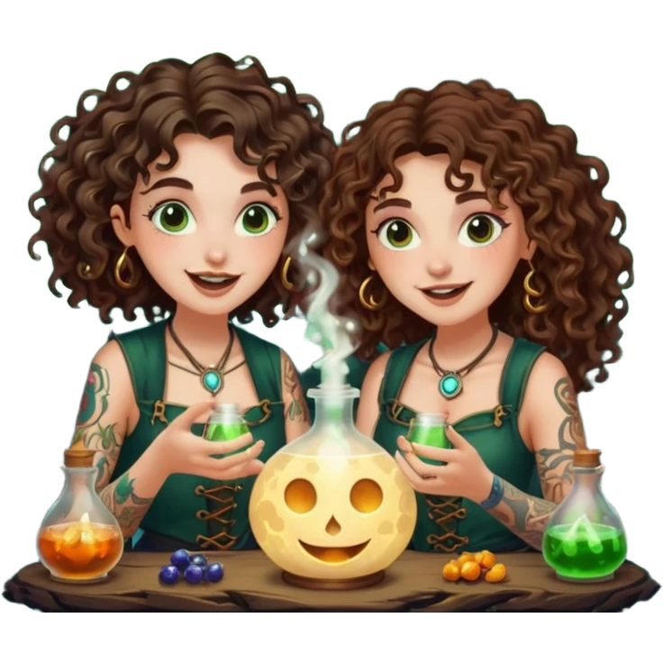 forest alchemist duo two women curly long hair tattooed and short brown hair mixing glowing moon potion together excited faces emoji
