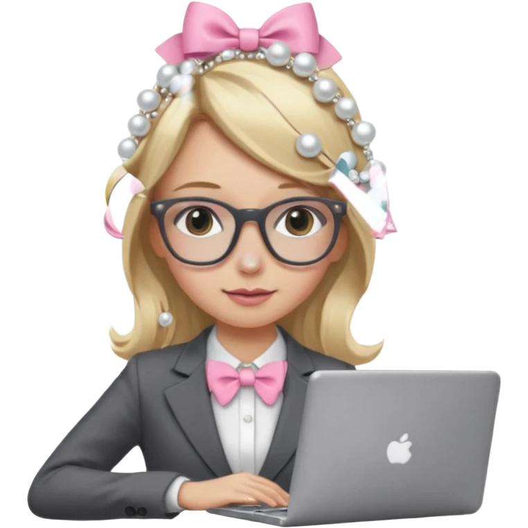Please take the girl with laptop emoji and make her glassess light brown and her nose a bit smaller and pointier and she has blonde long hair and a dark grey suit and pearls, and has a laptop in fron of her and a tiny pink bow on the left side of her head emoji