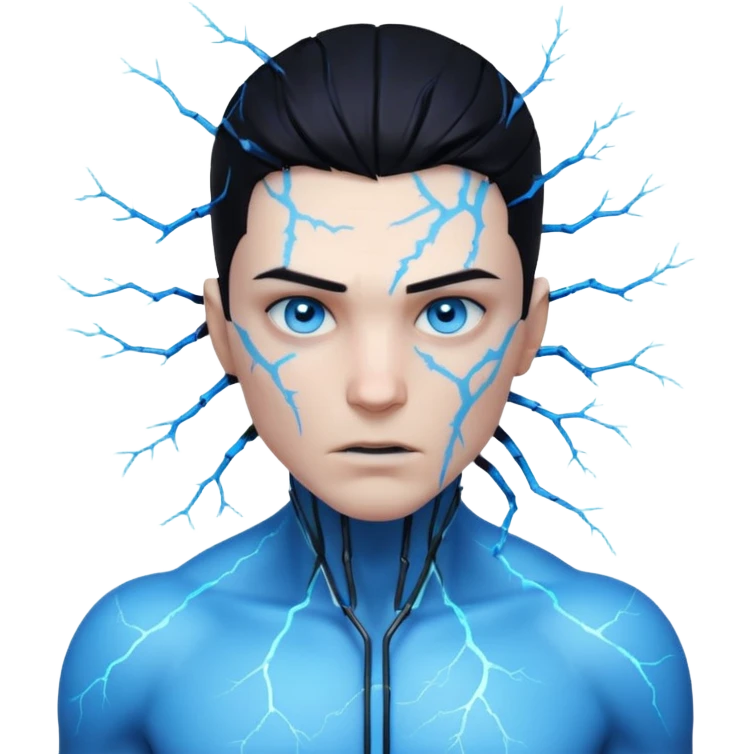 electric lab mutant portrait, head and shoulders only, glowing blue energy cracks on skin, wild hair, intense eyes, sci-fi lab accident vibe, 3D cartoon, mobile game icon style, clean background, no text, no watermark

 emoji
