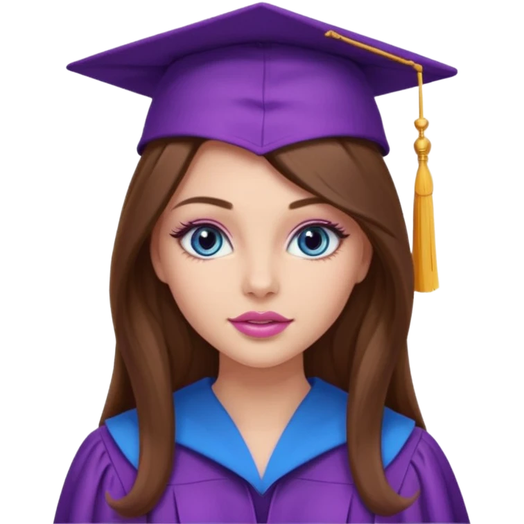 girl with gorgeous long brown hair, blue eyes, long lashes makeup, sexy pink lips, wearing a purple graduation cap and gown emoji