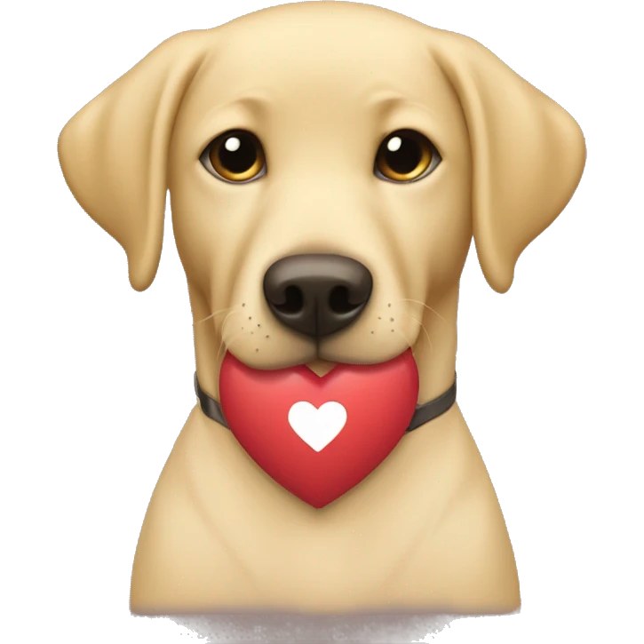 A blonde labrador who sits and has a sign in his mouth that says „i love you“ emoji
