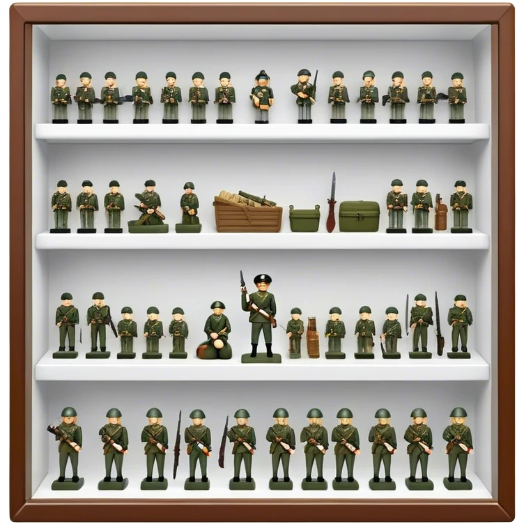 Icon for Miniature Collecting: a collection of finely detailed miniature items such as tiny army of soldiers, figurines and accessories, neatly displayed on a shelf or in a display case. The icon should convey the intricacy and charm of collecting miniature objects. Transparent background. emoji