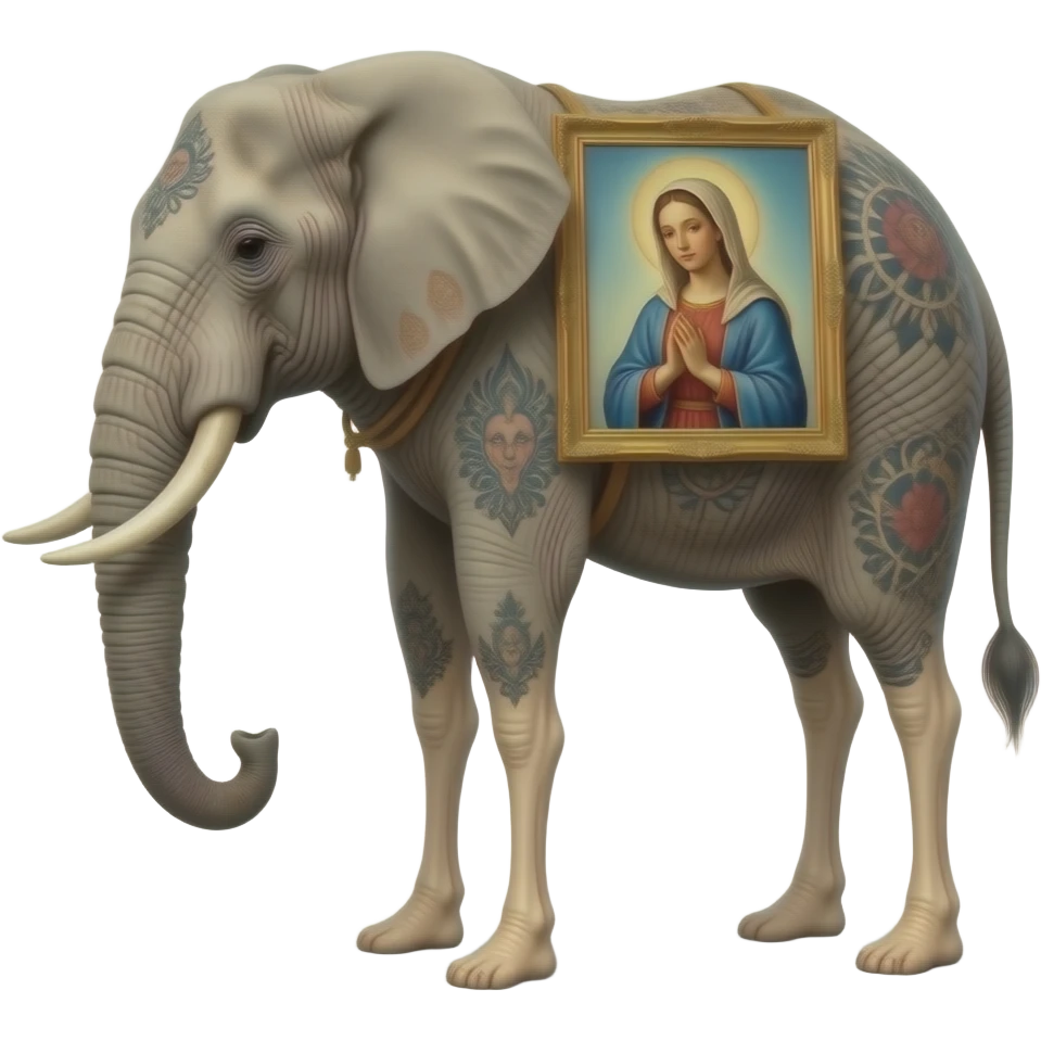 cinematic surrealistic - a tattooed elephant with very thin long legs from Salvador Dali's paintings carries an ethereal Madonna on its back emoji