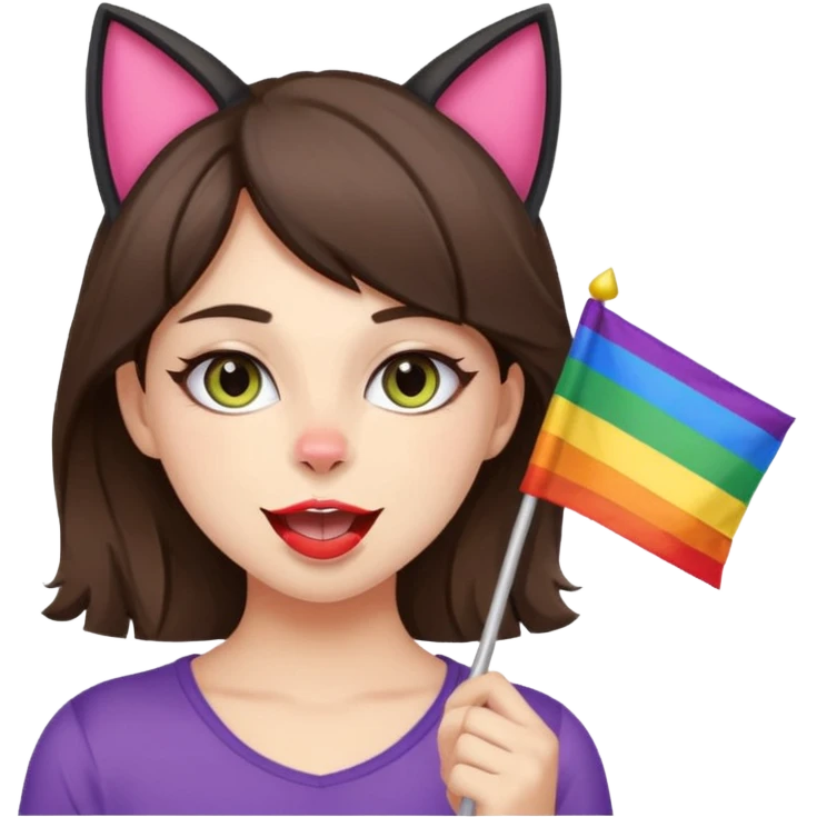 brunette girl with cat ears and doing cat pose with gay flag in mouth emoji