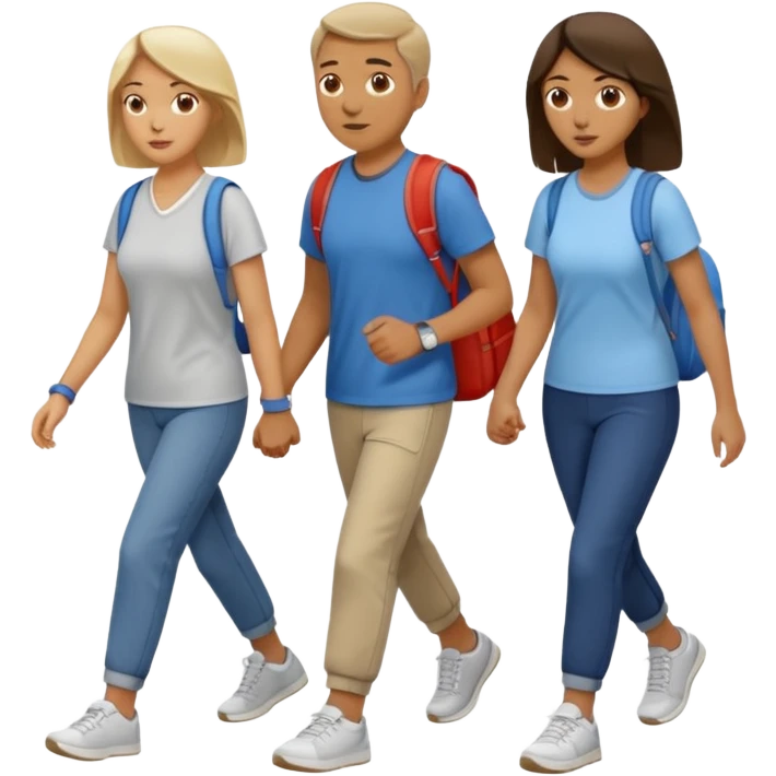 iOS emoji style - a men and 2 women in casual clothes and wearing trainers. Walking in the same direction quickly together. 
Not holding hands. No backpacks. 
 emoji