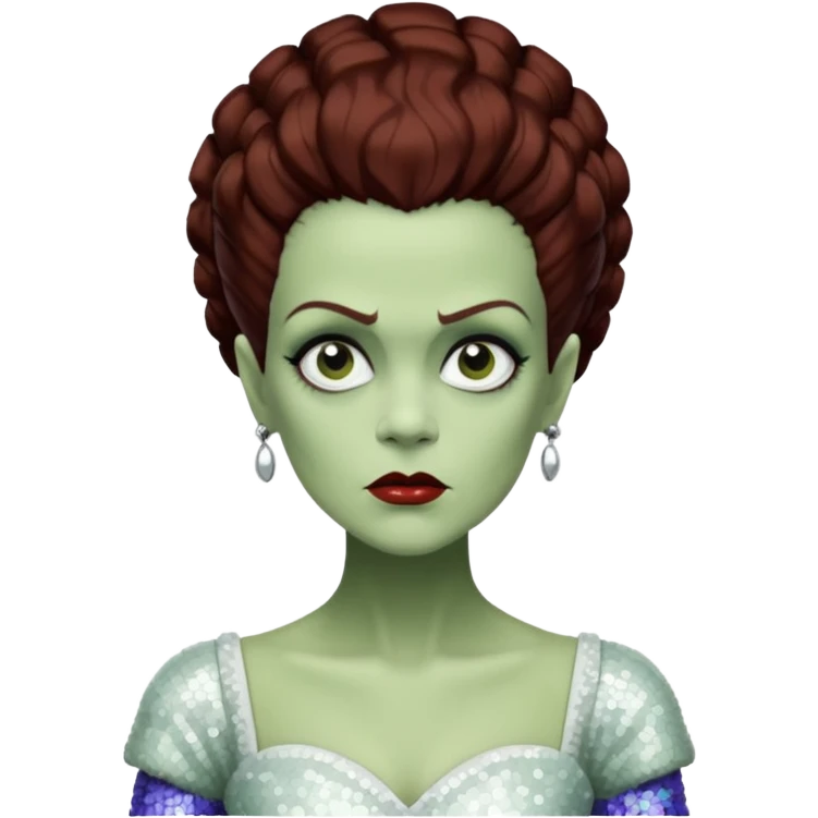 Bride of Frankenstein from Universal Monsters with pale greenish skin, dark auburn hair, white sequin outfit  emoji