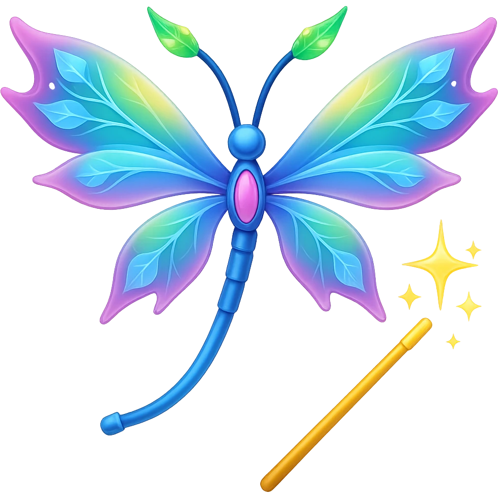 Add a magic wand to the neuron with colorful fairy wings in the style of apple emojis, keeping the apple emoji style exactly, no background. emoji