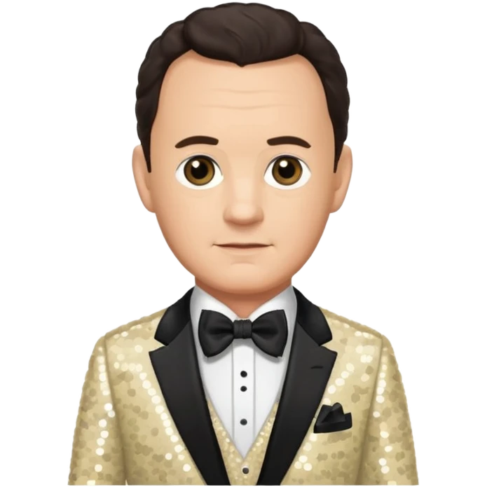 Tom Hanks with dark brown hair, cream sequin suit with bow tie emoji