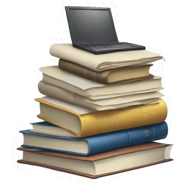 A pile of books, a pile of papers, a computer emoji