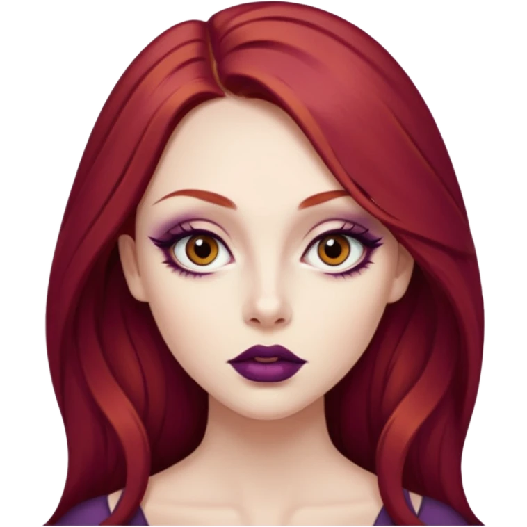 A young woman with long, deep red hair and smooth porcelain skin. She has large, expressive eyes accentuated by winged eyeliner and warm-toned eyeshadow. Her full lips are painted with deep plum lipstick. realistic style, high detail. emoji