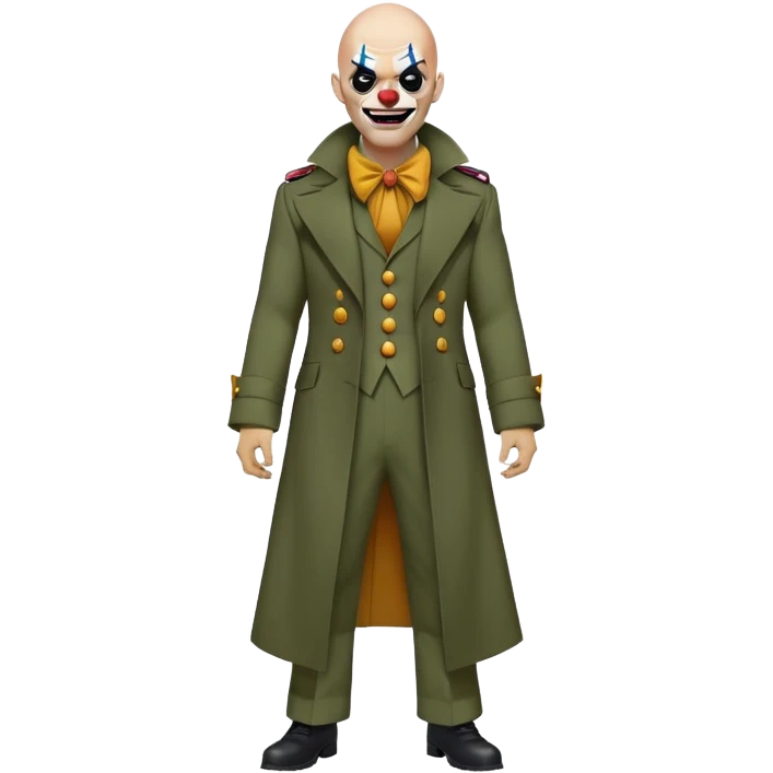 evil clown, bald, small black horns on forehead, fangs, pointed ears, eye patch over one eye, long coat over black and military green leisure suit with bellbottom pants, realistically proportioned, less bulky, full body, battle-ready, fighting posture emoji
