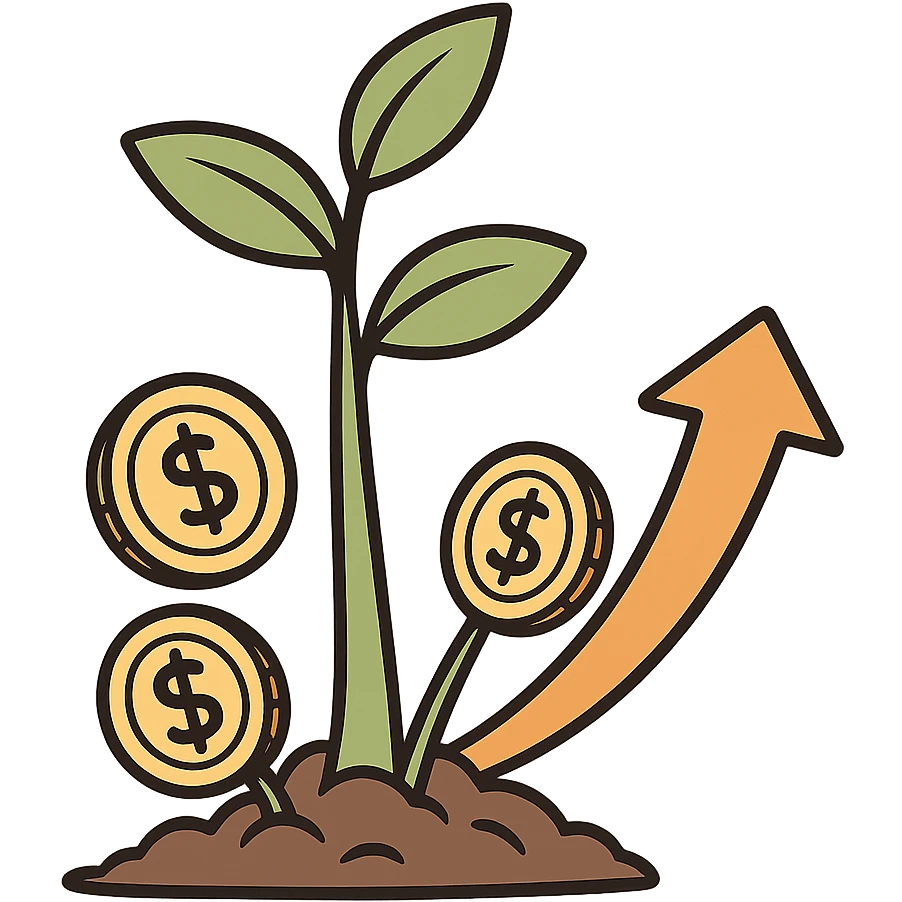 icon representing investment, a growing plant with coins and upward arrow emoji