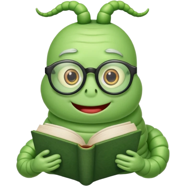 green Worm with glasses reading book emoji