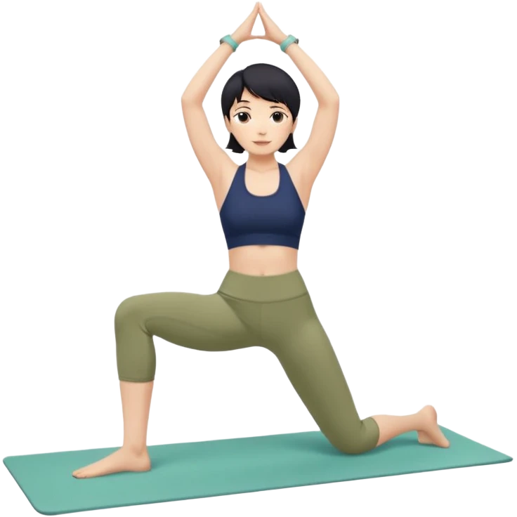 키는 작은편이고 앞머리 없는 단발머리야. 옆머리는 있고 요가를 좋아해. 남색 홀터넥을 많이 입고 민트색 요가바지를 자주 입어. 머리색은 검정색이고 하타요가를 좋아해. 바지색은 연한 연두색이고 요가매트는 카키색이야 emoji