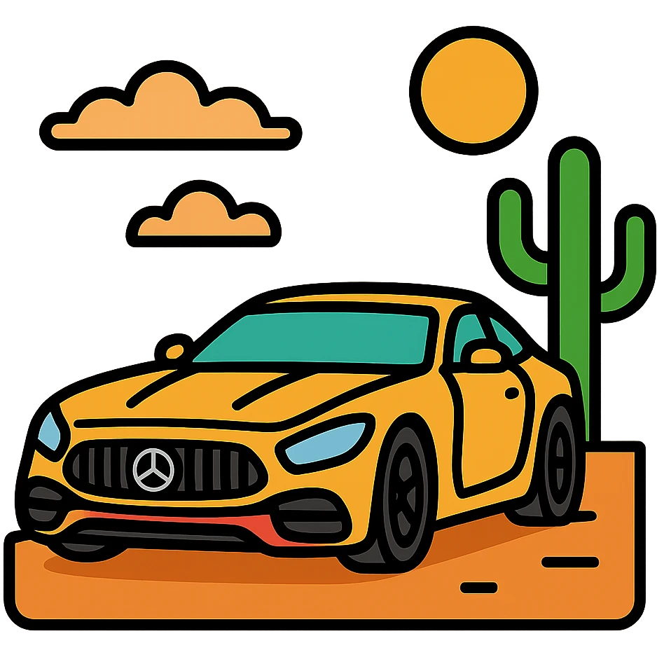 mercedes amg on desert next to cactus faun, cinematic emoji